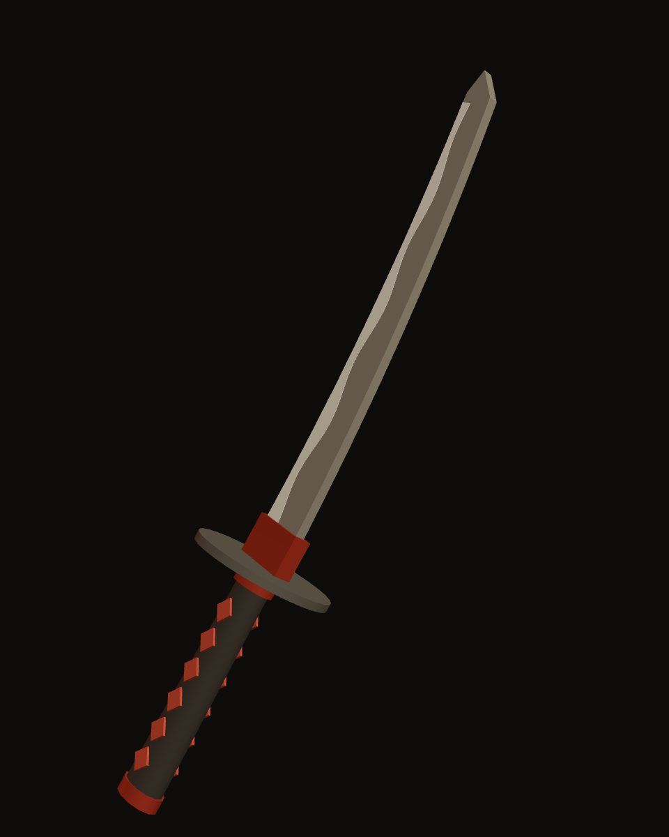 Esquema de una katana sobre fondo oscuro: hoja curva con una línea más clara en el filo, guardamano y empuñadura con cordón en rombos.